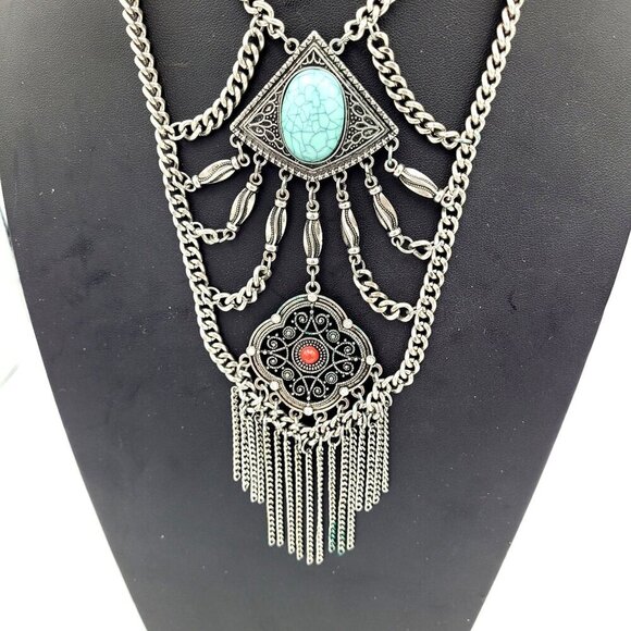 Vtg Boho Statement Necklace Blue & Red Accents Silvertone Chains Gypsy Goth - Picture 2 of 7